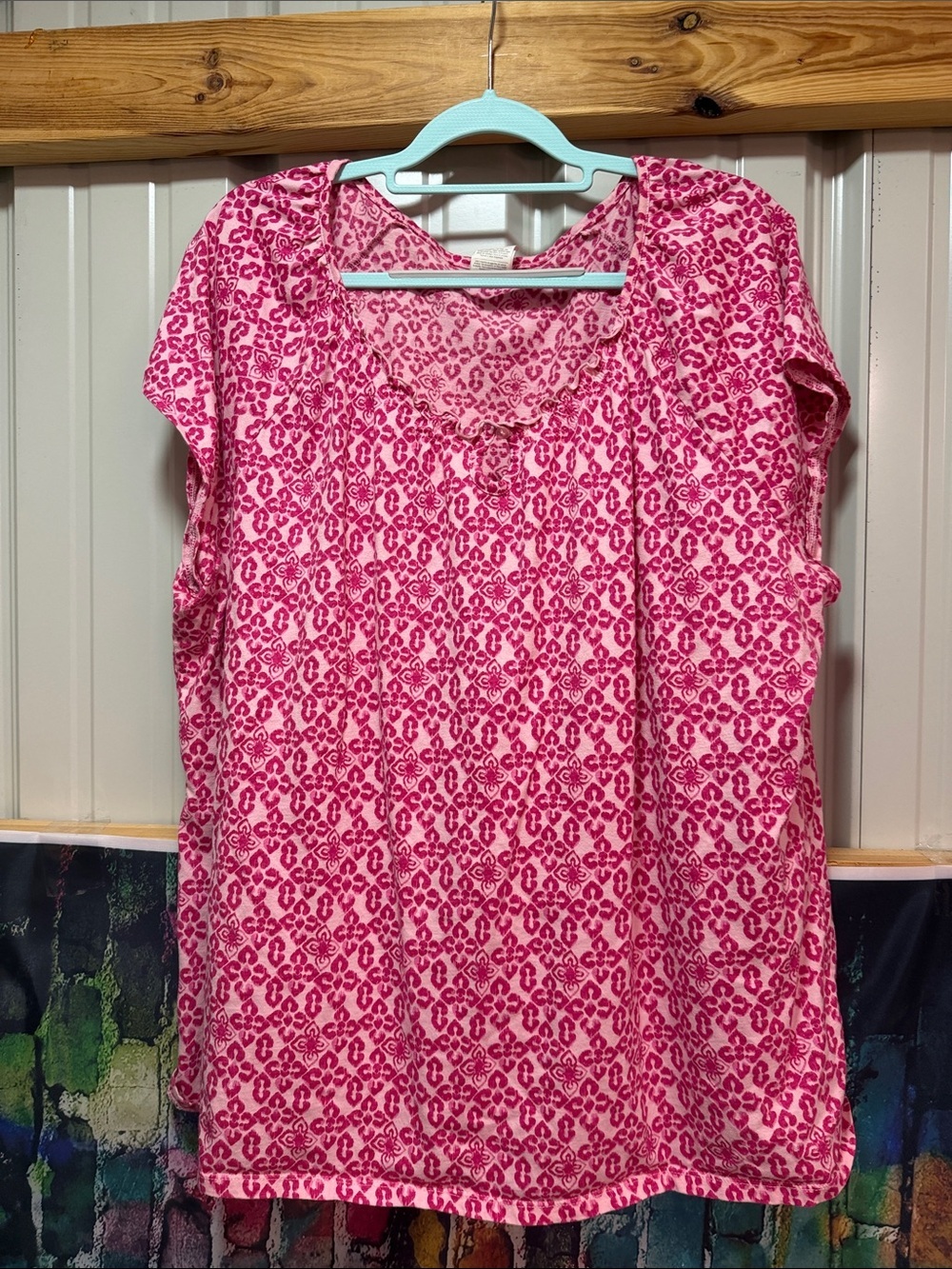 Just My Size Pink Patterned Short Sleeve Peasant Top